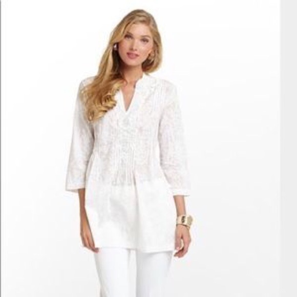 Lilly Pulitzer Sarasota White Beaded Pleated Patterned Tunic Top XS Blouse - Picture 1 of 16